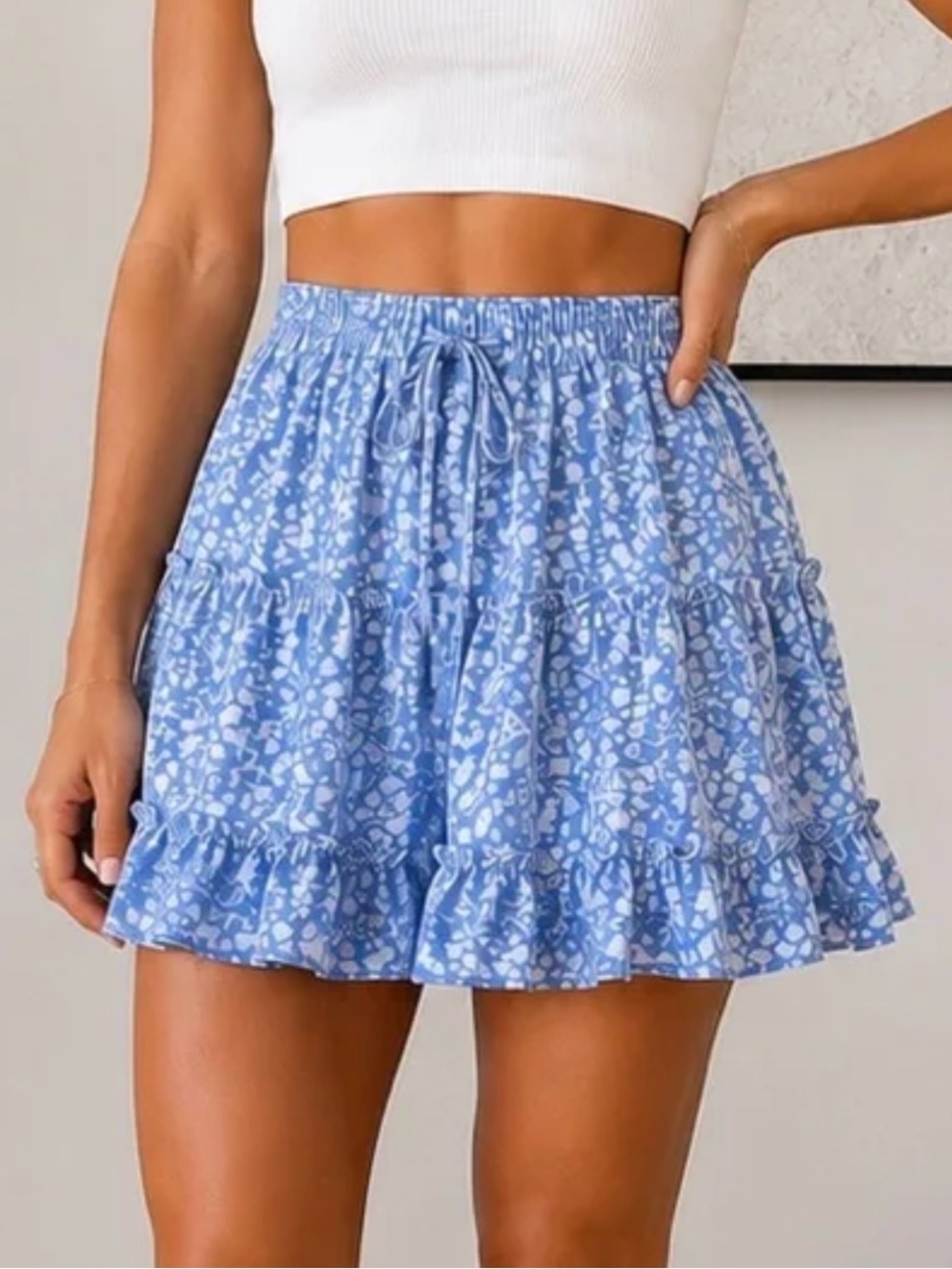 Sienna Sky Blue Floral Tiered Ruffle Mini Skirt